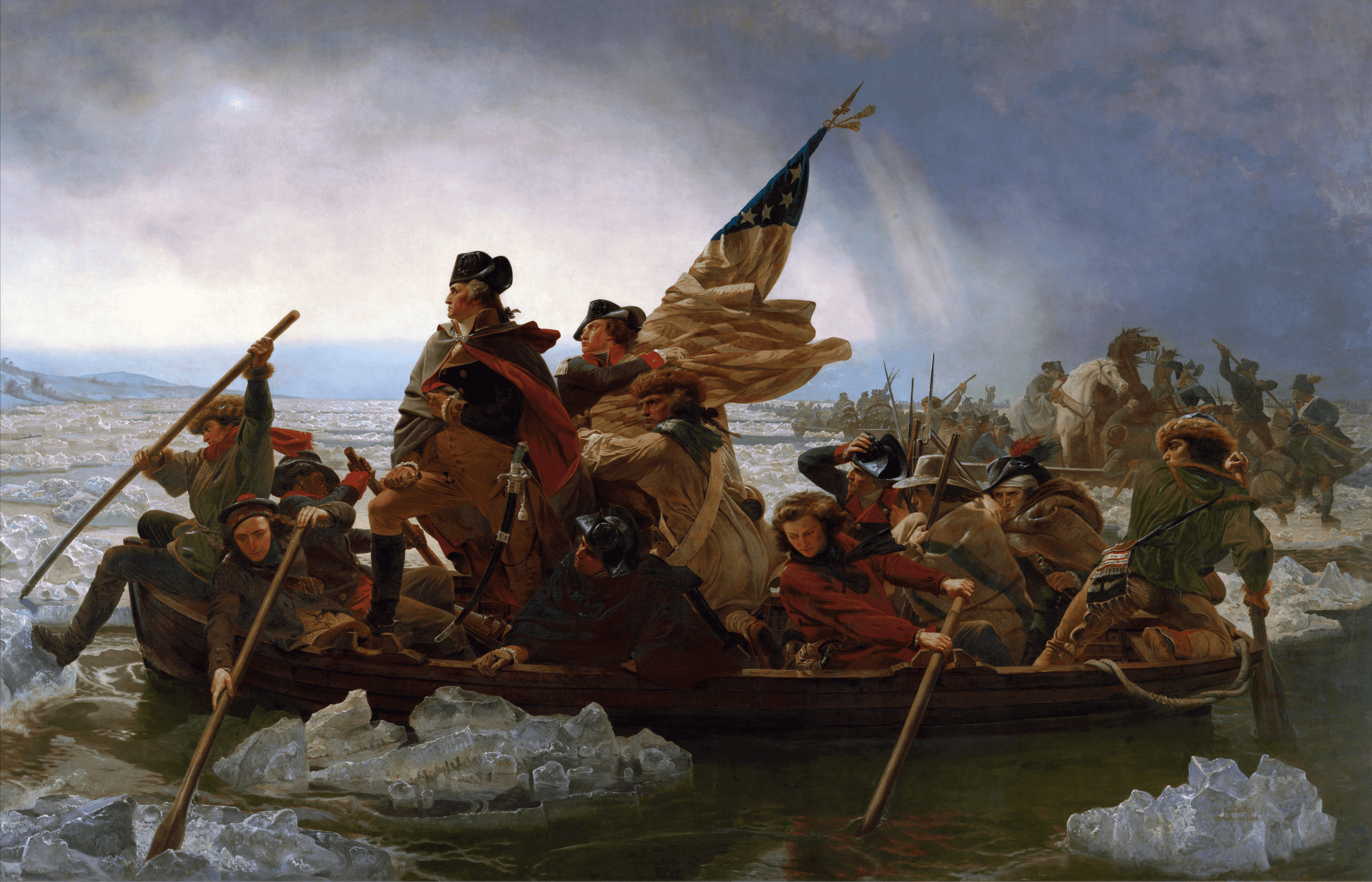 『デラウェア川を渡るワシントン』。1851年にエマヌエル・ロイツェが描いた。 独立戦争中の1776年12月25日、ワシントンが大陸軍を率いてデラウェア川を渡り、トレントンの戦いでドイツ人傭兵隊を急襲した。メトロポリタン美術館の永久収蔵品。